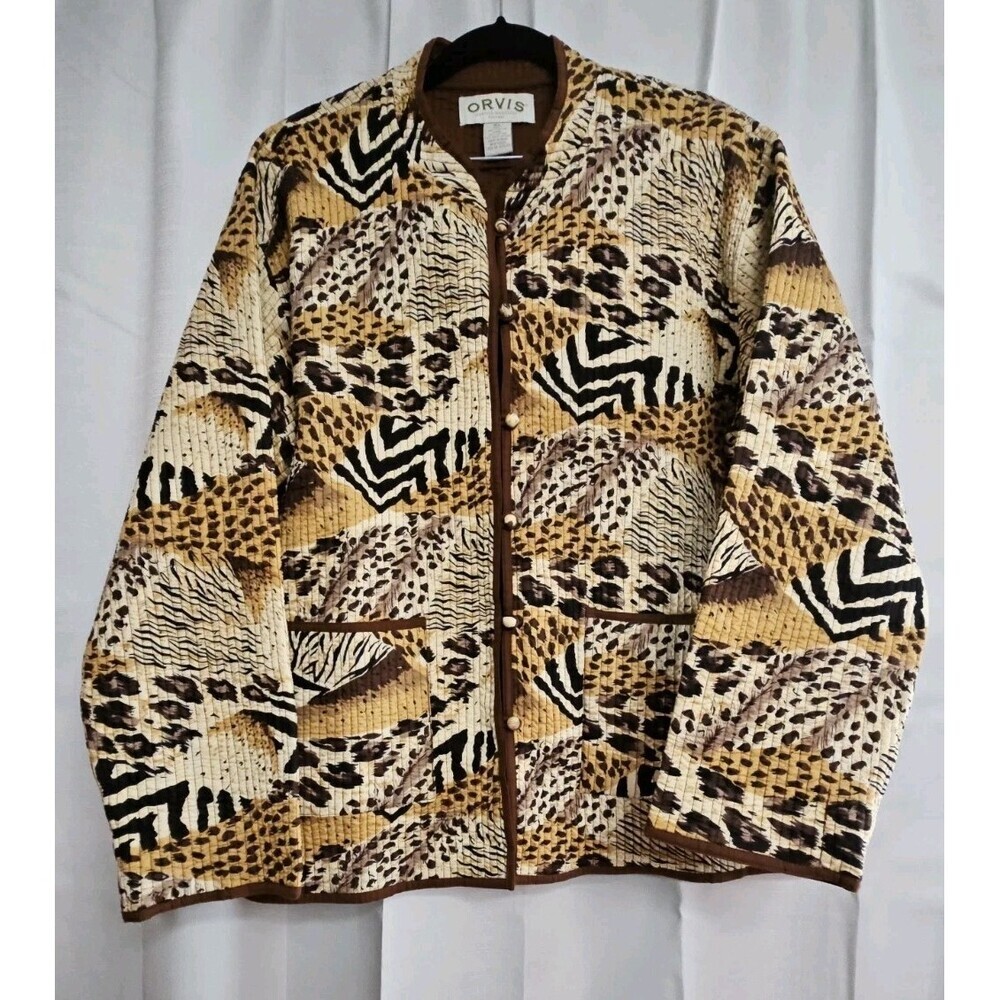 ORVIS Women Size XL Quilted Jacket Reversible Animal Print/Brown Button Up Boho - Picture 1 of 10